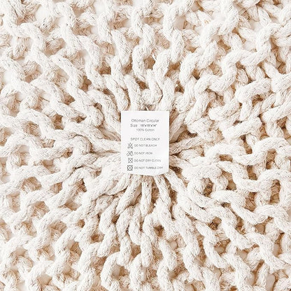 REDEARTH Round Pouf Ottoman –18"x18"x14" Hand-Knitted Cotton Pouffe –Cable Footstool –Boho Dori Hassock –Pre-Stuffed Poof – Extra Seat -Poofy Footrest for Living Room, Bedroom, Nursery, Nook –Ivory