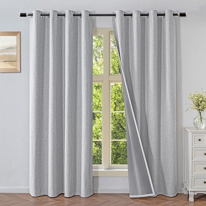 Blackout Curtains 96 Inches Long 2 Panels Set, 100% Black Out Textured Thermal Curtains, Grommet Privacy Light Blocking Drapes for Living Room Bedroom Luxury Deco(52W × 96L inch, Off-White)