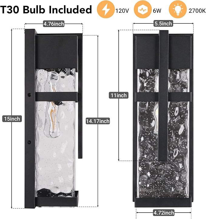 Hammered Glass Wall Lamp, Outdoor Light Fixtures, Exterior Wall Lantern for Porch with Waterproof, 2 Pack Wall Sconce Lighting, Wall Mount Light, Porch Light for Garage, Doorway, Patio(Bulb Included)
