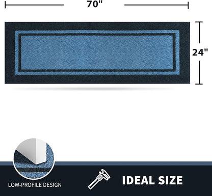 PURRUGS Dirt Trapping Door Mat 24" x 70", Non-Slip/Skid Machine Washable Entryway Rug, Shoes Scraper, Area Rug, Super Absorbent Welcome Mat for Muddy Wet Shoes and Paws, Light Blue & Navy