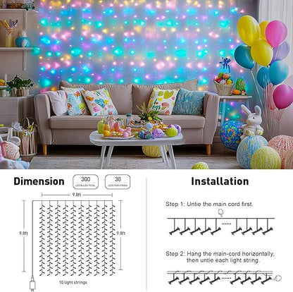 JMEXSUSS 300LED Easter Decorations Curtain Lights with Remote, 9.8x9.8ft Easter Sting Lights Plug in for Bedroom Wall Window Party Backdrop Porch Patio Garden Yard Indoor Outdoor Decor