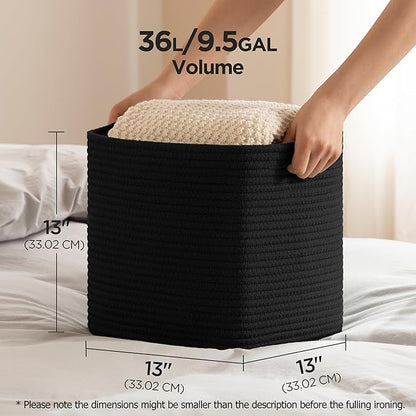 joybest Cube Storage Bins Set of 4, 13inch Cube Baskets Organizer for Nursery, Square Cotton Rope Baskets for Shelves Organizing, Kids Toy, Closet Storage, Black