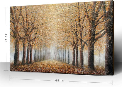Large Tree Wall Art for Living Room Hand-Painted Forest Oil Painting Framed Yellow Grove Artwork Autumn Landscape Canvas Picture for Living Room Bedroom Home Decorations Wall Decor Large 48"x32"