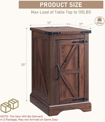 JXQTLINGMU Farmhouse Nightstand Set of 2 with Charging Station, 17" D Rectangular End Table with Barn Door & Adjustable Storage Shelf, Wood Rustic Sofa Side Table for Living Room, Bedroom, Brown