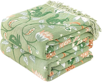 MSGKV Cotton Bed Blanket for Couch and Sofa Blankets for Living Room Bedroom Reversable Florals and Animals Throw 80"x90" Breathable Cozy Boho Blankets
