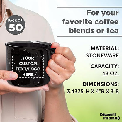 DISCOUNT PROMOS Custom Ceramic Campfire Coffee Mugs 13 oz. Set of 50, Personalized Bulk Pack - Perfect for Tea, Espresso, Cappuccino, Hot Cocoa - Black
