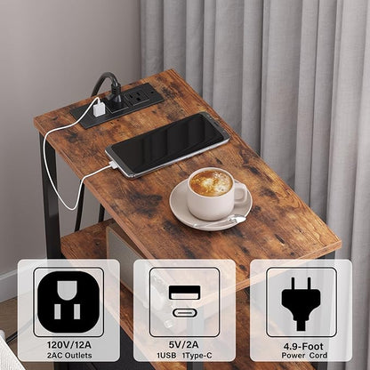 TUTOTAK Small Narrow LED End Table with Charging Station, Side Table Outlets, Nightstand with 2 Cloth Drawers, Couch Table, for Living Room, Bedroom, Bedside, Brown TB01BB085L