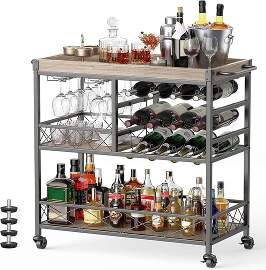 Gizoon Rolling Bar Cart, a Versatile Beverage Cart with a Removable Tray, 12-Bottle Wine Rack, and Glass Holder, The Bar Cart is Perfect for Kitchen, Dining Room, or Outdoor Use (Gray)