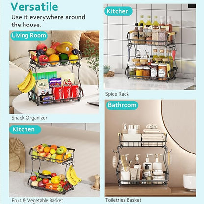2 Tier Fruit Basket with 2 Banana Hangers, Detachable Countertop Fruit Bowls for Kitchen Counter, Metal Wire Fruit Vegetable Storage Holder Stand with Wooden Handles for Bread, Snacks, Veggies