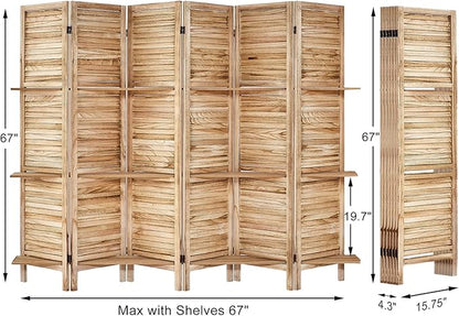 Room Divider with Shelves, Privacy Screen, Room Dividers and Folding Privacy Screens, 6 Panel Wood Temporary Wall Partition Separation Separator, Natural