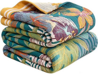 MSGKV Cotton Bed Blanket for Couch and Sofa Blankets for Living Room Bedroom Reversable Florals Throw 80"x90" Breathable Cozy Boho Blankets