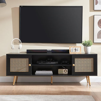 Mid Century Modern TV Stand for 65 inch TV, Entertainment Center with Storage, Metal Mesh Decorated Cabinet Doors for Living Room, Black