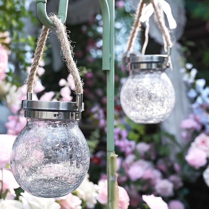 Cooo 6 Pack Heavy Crackle Glass Solar Lantern with 30 LED Firefly Lights– Waterproof Outdoor Hanging Lamp 215% Larger Solar Panel, Stainless Steel Lid Decorative Lighting for Garden Patio Table