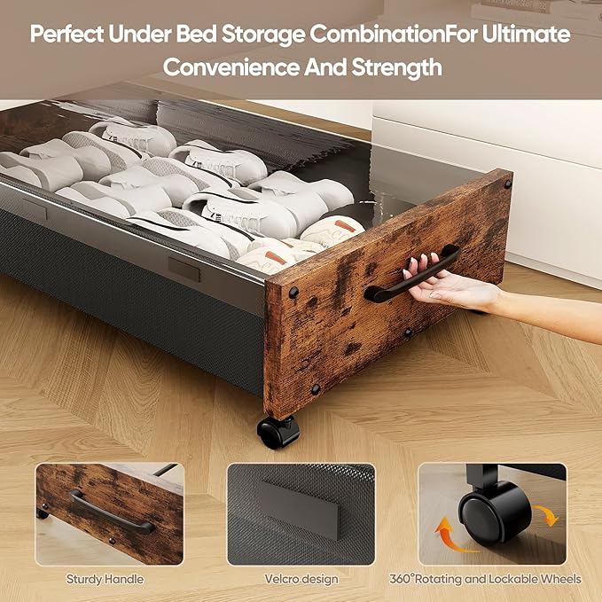 Wooden Under Bed Storage with Wheels, Rolling Under the Bed Storage Bins with Removable Lid, Metal Under Bed Drawers for Clothes and Shoes in Bedroom or Living Room(Black Wood-1pack)