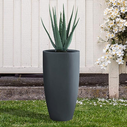 Kante 23.6" H Charcoal Concrete Tall Planters (Set of 2), Large Outdoor Indoor Decorative Plant Pots with Drainage Hole and Rubber Plug, Modern Style for Home and Garden