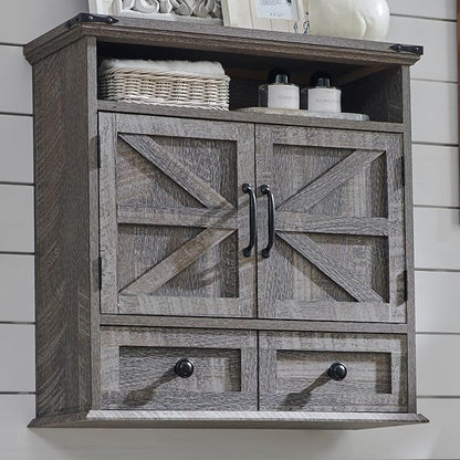 Bathroom Wall Cabinet, Farmhouse Medicine Cabinet, 24" Wide Cabinet with Drawer, Adjustable Shelf, Double Barn Doors, Storage Cabinet for Bathroom, Kitchen, Living Room, Grey Wash