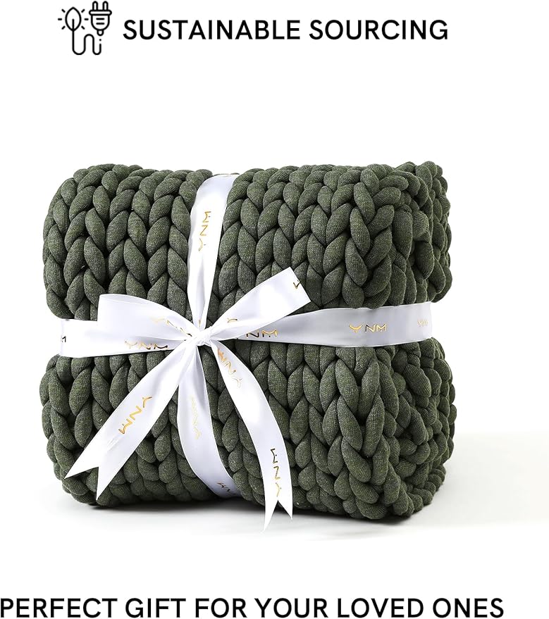 YnM Chunky Throw Blanket, Medium-Weight, Hand Knitted, Skin Friendly, Ventilated and Breathable, Machine Washable, Home Décor Piece for Couch, Sofa and Bed (Olive, 60x80 Inch)