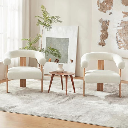 VKNOW Accent Chair Living Room Chair, Modern Upholstered Armchair with Solid Wood Legs, Comfy Barrel Arm Chairs for Living Room Bedroom, Cream