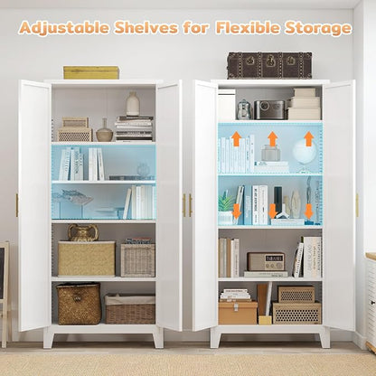 70.87" H Metal Kitchen Pantry Cabinet, Freestanding Cupboard with 2 Doors and 4 Adjustable Shelves, Tall Metal Storage Cabinet for Kitchen, Bathroom, Dinning Room or Laundry Room （White）