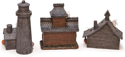 Mark Feldstein & Associates Spooky Halloween Color Changing Pre-Lit LED Haunted House Village Set, 8 Inch, Set of 3