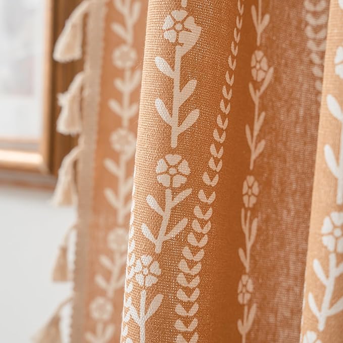 Sutuo Home Boho Curtains 84 Inches Length for Bedroom Living Room, Printed Cotton Linen Rod Pocket Rustic Farmhouse Bohemian Tassels Window Treatment, 1 Panel 59" W x 84" L, Terracotta Stripe Florals