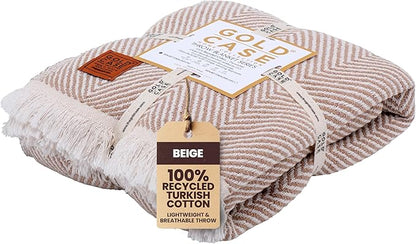 Gold Case Throw Blanket for Couch – 100% Recycled Turkish Cotton Blankets & Throws – Elegant Decorative Throw Blankets for Living Room Sofa – Woven Throws for Couch – Elegant Beige – 50x60