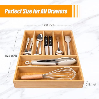 Bellsal Bamboo Silverware Drawer Organizer, Kitchen Utensil Drawer Organizers, 12"x15.7" Utensils Holder Cutlery Tray with Grooved Drawer Dividers for Kitchen Flatware Bedroom Office(7 Slot, Natural)
