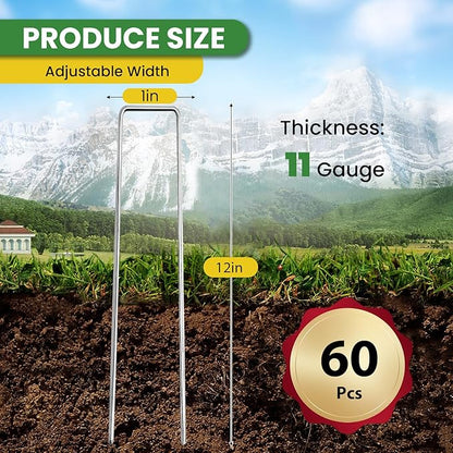 Landscape Staples 12 Inch 60 Pack, Garden Stakes Galvanized Garden Staples 11 Gauge, Plant Cover Stakes for Lawn Weed Barrier
