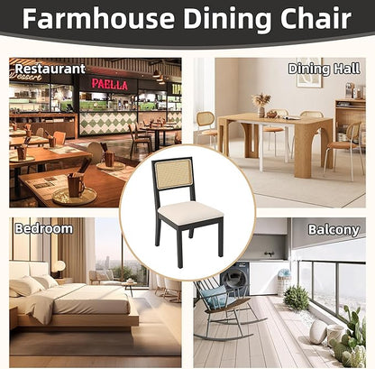 Westice Rattan Dining Chairs Set of 2, Farmhouse Natural Dining Room Chairs with Upholstered Cushion, Wood Armless Chairs for Kitchen/Restaurant, Black