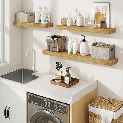 fuqing Floating Shelves for Wall, Bathroom Shelf Wall Mounted for Storage, Shelves with Invisible Bracket for Bedroom, Kitchen, Living Room, Farmhouse Small Book Shelf, 30 Inch Set of 2, Oak