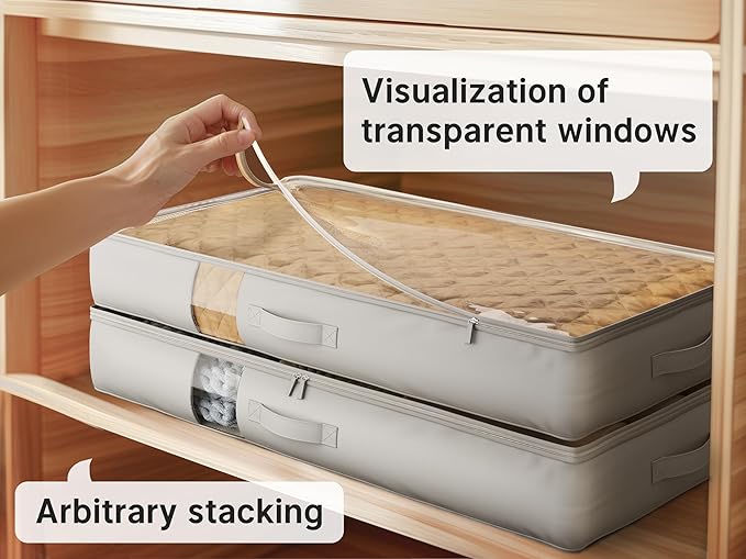 Under Bed Storage Containers with Window, Closet Organizers and Storage Bags, Foldable Underbed Storage Bags for Blankets, Clothing, Comforter, Linen Sheets, Wrapping Paper, 2 Pack, Grey