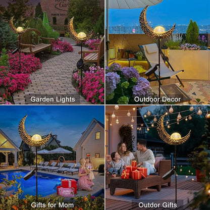 2Pack Moon Garden Solar Lights Outdoor Stakes Waterproof, Gifts for Mom, Crackle Glass Patio, Backyard Decorations, Balcony Lawn Ornaments, for Women Men Grandma (Bronze)