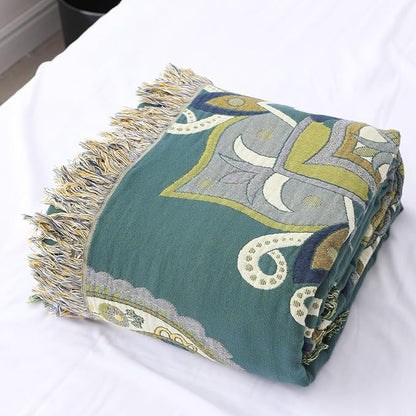 Snycler Boho Throw Blanket for Bed - 100% Cotton Ultra Soft Rustic Quilt - Green Boho Floral Printed Farmhouse Decor Bed Blankets, 60"×80" All Season Rustic Throw for Sofa Couch Chair