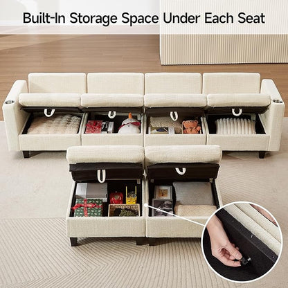 110" Modular Sectional Sofa, Convertible Sleeper Sofa Couch Bed with Adjustable Backrest, U-Shaped Chenille Cloud Couch with Ottoman Storage, Deep Seat Couches for Living Room,Beige