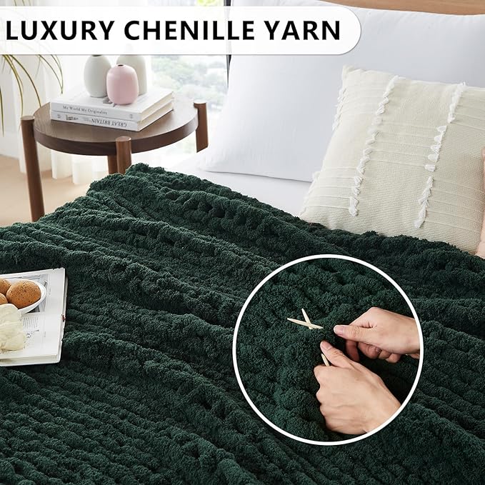 L'AGRATY Chunky Knit Blanket Throw: 80''x90'' Chenille Chunky Knitted Throw Blanket for Bed Couch - Handmade Thick Big Cable Knit Blanket - Large Chunky Crochet Rope Blanket for Home Decor(Green)