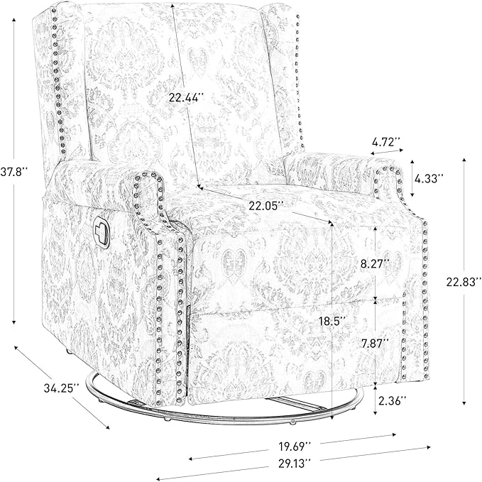 UIXE Swivel Rocker Manual Recliner Chair, Wingback Swivel Glider Fabric Nursery Reclining Sofa Chair, High Back Upholstered Arm Chair for Living Room Bedroom - Peacock Blue