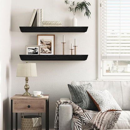 24"x6.8"x1.6" Slanted Floating Wall Shelves 2-Pack - Rustic Black Finish, Heavy-Duty Solid Wood Design with Hidden Brackets - Perfect for Living Room, Kitchen, Bathroom, or Office