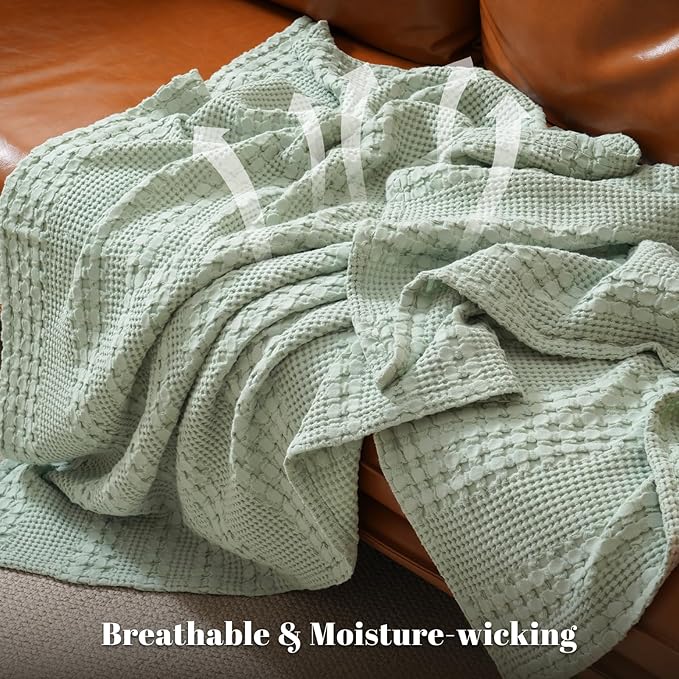 PHF 100% Cotton Waffle Weave Throw Blanket, Soft Lightweight Breathable Cozy Summer Throws for Couch Bed Sofa, Luxury Aesthetic Woven Blanket for Home Decor & Office, 50"x60", Sage Green