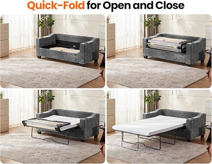CHIC HOUSE Pull Out Sofa Bed, Full Size Sleeper Sofa, 2-in-1 Convertible Chenille Couch with USB Charging, Memory Form Couch for Living Room, Apartment & Small Space (Dark Grey, Chenille - Full)