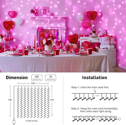 JMEXSUSS 300 LED Pink Curtain Lights Indoor, Christmas Lights Plug in, 8 Modes Pink String Lights for Bedroom Window Wall Party Backdrop Xmas Valentine Decorations, 9.8x9.8ft
