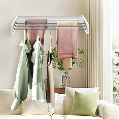 Wall Mounted Clothes Drying Rack 32 inches,Foldbale Laundry Drying Rack Wall Mount,Drying Rack Clothing Space Saver,Retractable,Collapsible,Folding Laundry Rack,White