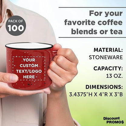 DISCOUNT PROMOS Custom Ceramic Campfire Coffee Mugs 13 oz. Set of 100, Personalized Bulk Pack - Perfect for Tea, Espresso, Cappuccino, Hot Cocoa - Red
