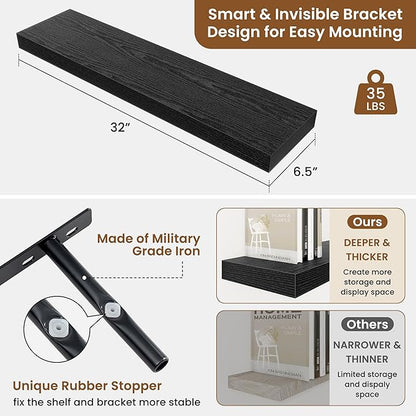 fuqing Floating Shelves for Wall, Bathroom Shelf Wall Mounted for Storage, Shelves with Invisible Bracket for Bedroom, Kitchen, Living Room, Farmhouse Small Book Shelf, 32 Inch Set of 2, Black