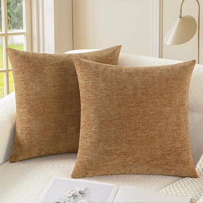 CaliTime Throw Pillow Covers Decorative 18 X 18 Inches Pack of 2 Cozy Chenille Cushion Case for Couch Sofa Bed Living Room Home Apricot Brown