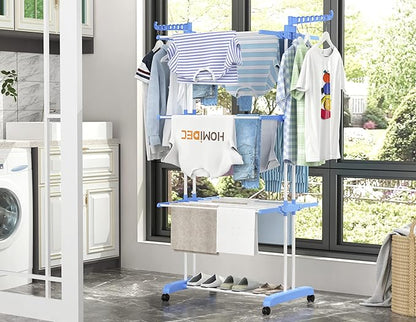 HOMIDEC Clothes Drying Rack, Large 4-Tier Foldable Drying Rack Clothing(67.7H x 19.7W x 30L Inches), Movable Drying Rack with 4 castors. Multifunctional Stainless Steel Laundry Drying Rack, Blue