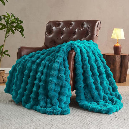 Lotus Karen Faux Fur Throw Blanket Teal - Big Bubble Rabbit Fluff Blanket for Couch Bed Sofa,Softest Fluffy Fuzzy Cozy Blanket,Thick Furry Plush Shaggy Warm Blankets for Women,108x90 Inches