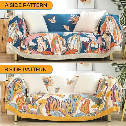 Boho Throw Blanket for Bed,100% Cotton Breathable Muslin Soft Throw, Fall Bed Throw Blanket Floral Bird Butterfly Printed Decor Large Blankets,80"×90" Rustic Farmhouse Throw for Sofa Couch Chair