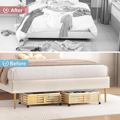 Under Bed Storage with Wheels-Large Bamboo Underbed storage Containers with Large Dust Bag Stackable Under the Bed Shoe Storage Bins for Clothes Books Bedding (2 Packs Nature, 23.62"L×16.54"W× 6.51"H)