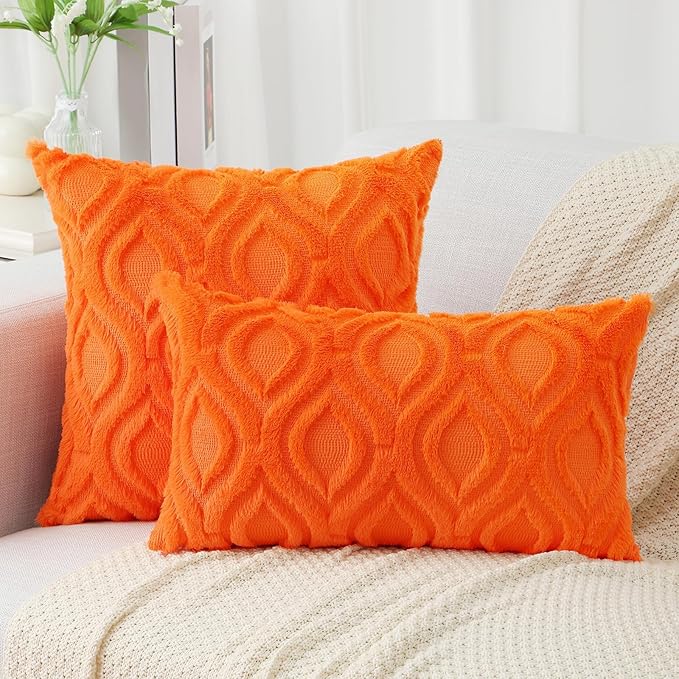 decorUhome Fall Throw Pillow Covers 24x24 Inch Set of 2, Soft Plush Decorative Faux Fur Orange Solid Couch Pillow Covers, Accent Farmhouse Neutral Square Euro Pillow Cases for Sofa Bed Living Room