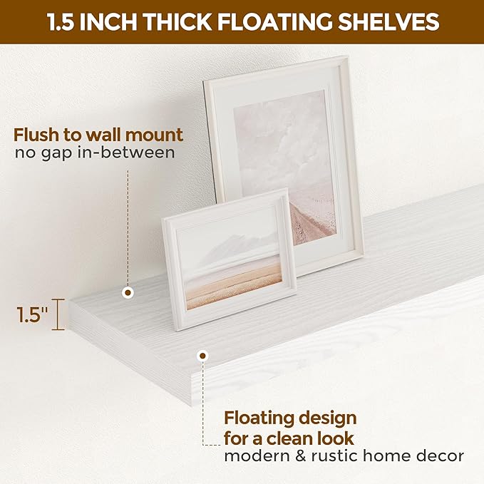 Fun Memories Floating Shelves 48 Inch Set of 2, White 48 x 9 Wall Shelves for Home Decor Storage, Rustic Wood Floating Shelf for Wall, 9 Inch Deep Shelving for Bathroom, Living Room, Kitchen
